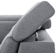 Detailansicht einer grauen Polsterecke mit verstellbarer Kopfstütze und Metallhalterung.