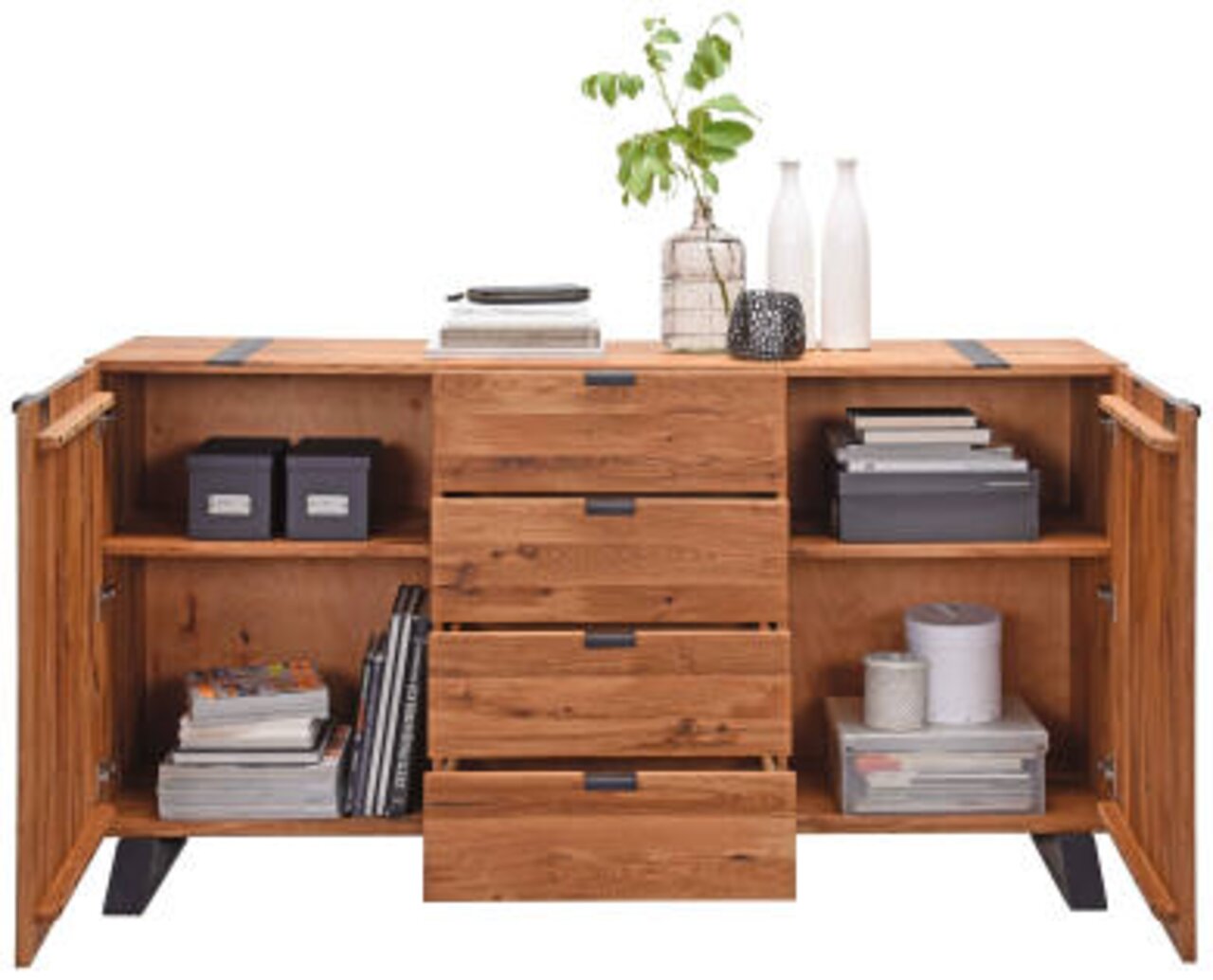 Holz-Sideboard mit offenen Türen und Schubladen, dekoriert mit Pflanzen und Vasen, frontale Ansicht