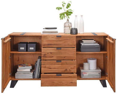 Holz-Sideboard mit offenen Türen und Schubladen, dekoriert mit Pflanzen und Vasen, frontale Ansicht