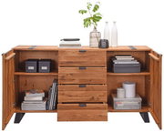 Holz-Sideboard mit offenen Türen und Schubladen, dekoriert mit Pflanzen und Vasen, frontale Ansicht