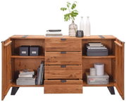 Holz-Sideboard mit offenen Türen und Schubladen, dekoriert mit Pflanzen und Vasen, frontale Ansicht