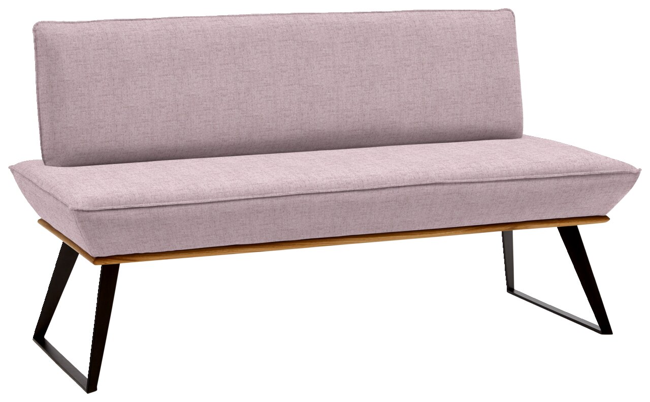 Voleo Bank 140 cm MALIBU Moderne Bank mit rosa Polsterung und schwarzen Metallbeinen, seitliche Perspektive
