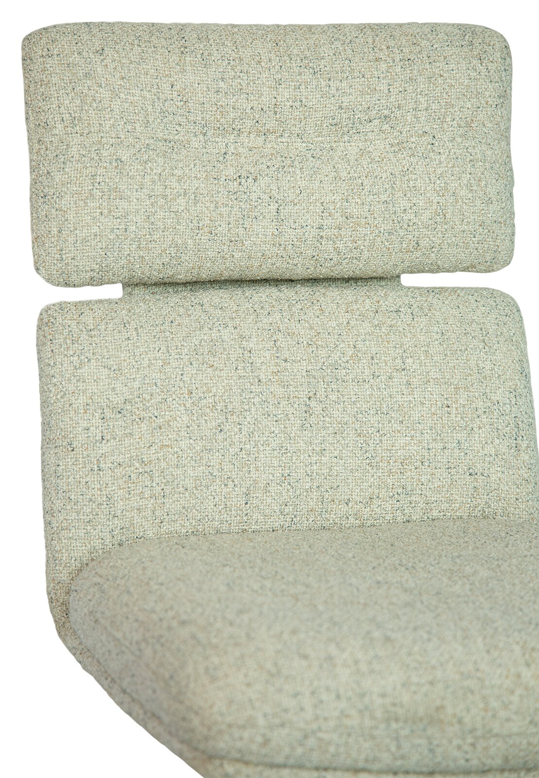 Dieter Knoll Stuhl PABLO Nahaufnahme eines Stuhls mit hellgrauem Stoffbezug, Ansicht von vorne.