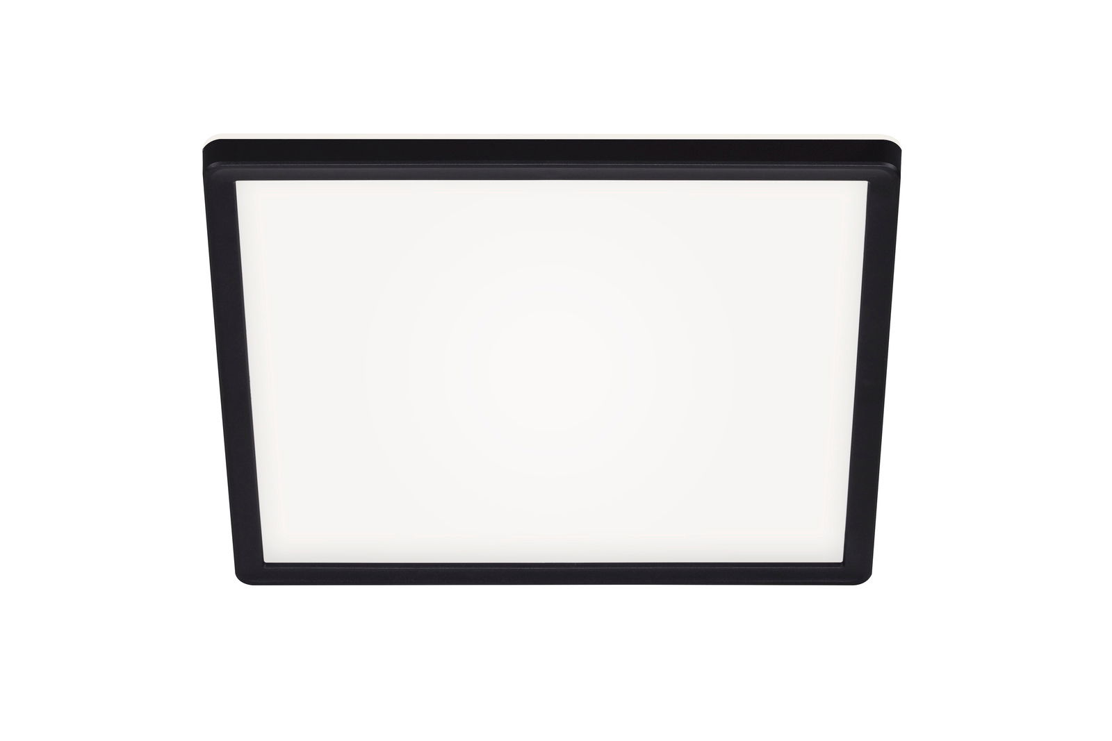 LED-Deckenleuchte in quadratischer Form mit schwarzem Rahmen, Ansicht von unten.