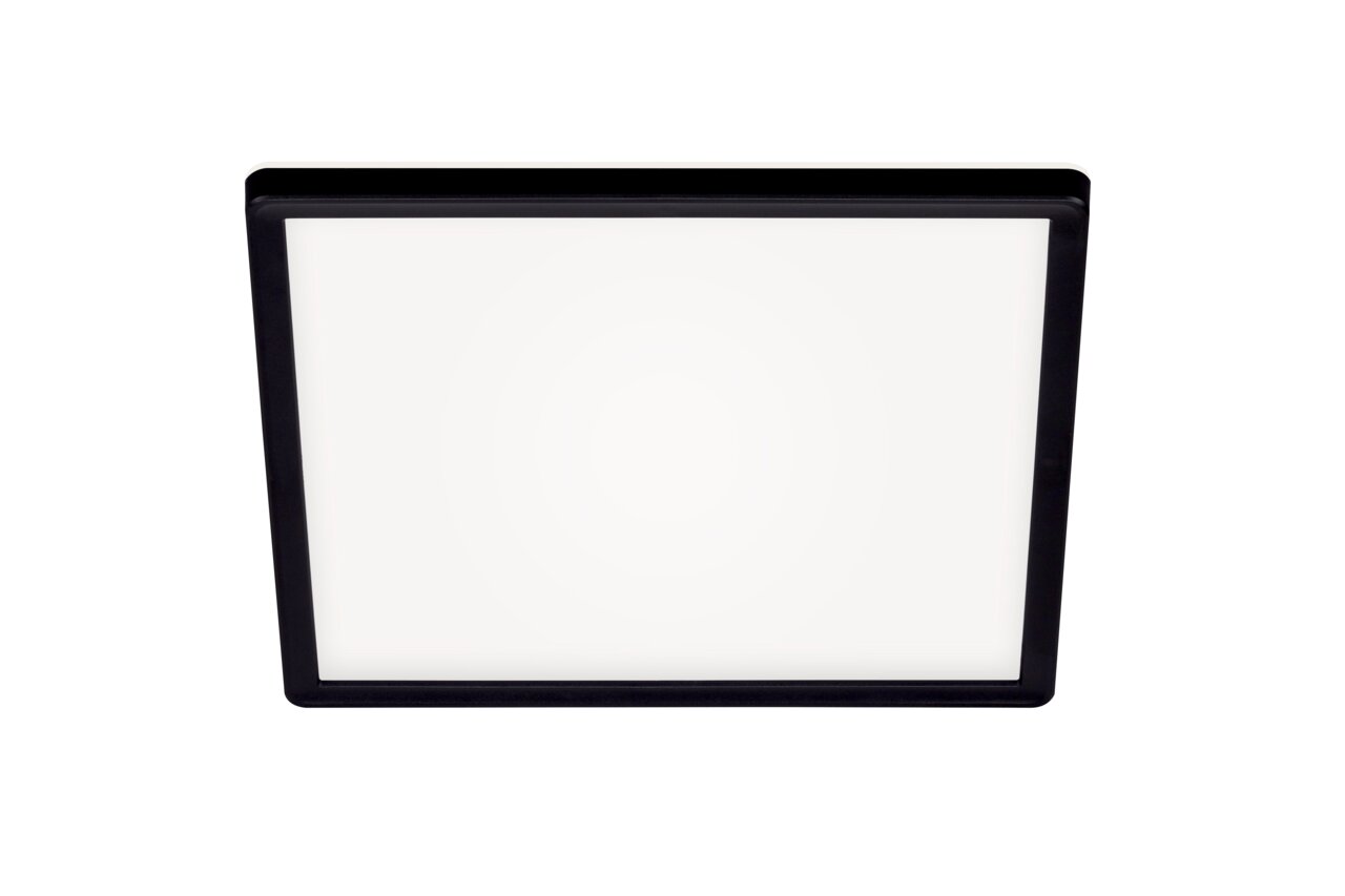 LED-Deckenleuchte in quadratischer Form mit schwarzem Rahmen, Ansicht von unten.