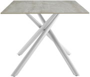 Moderner Esstisch mit quadratischer Tischplatte und gekreuzten weißen Beinen, Ansicht von vorne.