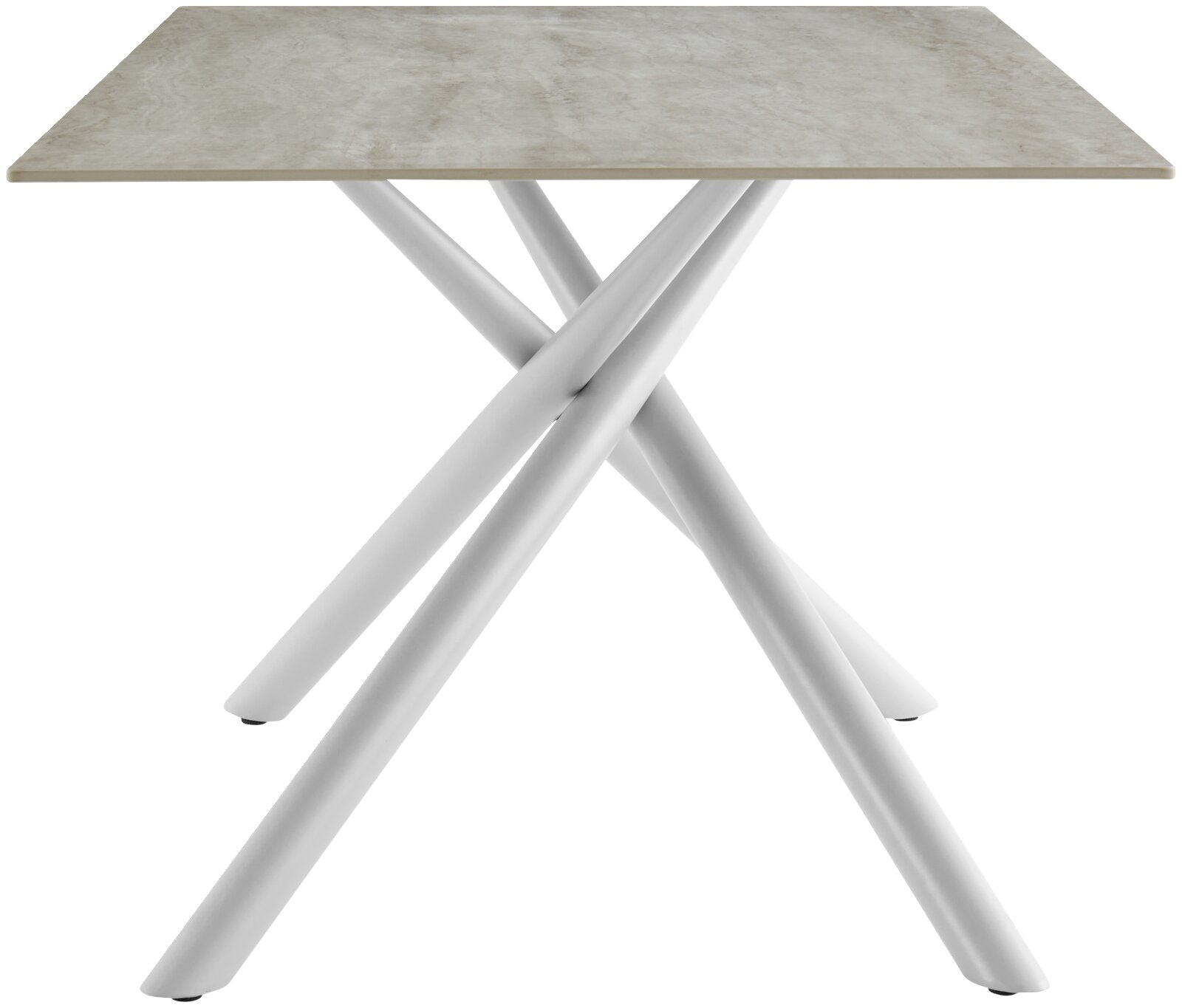 Moderne eettafel met vierkant tafelblad en gekruiste witte poten, gezien van voren.