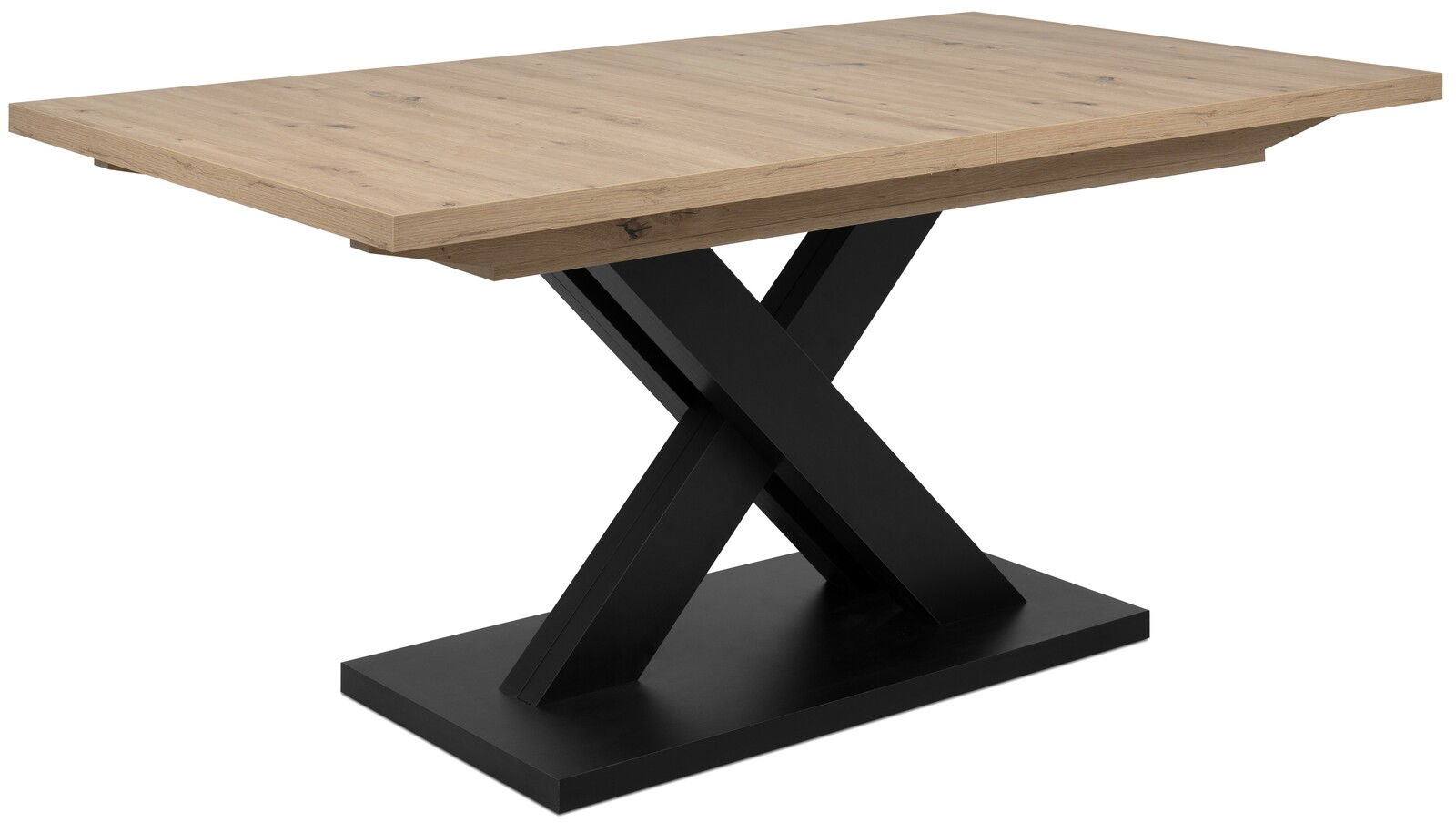 Moderner Esstisch mit Holzplatte und schwarzem X-förmigem Metallgestell, seitliche Perspektive