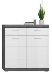 Moderner Schuhschrank mit weißer Front und dunklem Holzrahmen, frontal abgebildet, dekoriert mit Büchern und einer Pflanze.