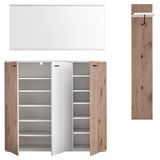 Garderoben-Set bestehend aus einem großen weißen Spiegel, einem geräumigen Schrank mit Holztüren und einem schmalen Wandpaneel mit Haken, frontal abgebildet.