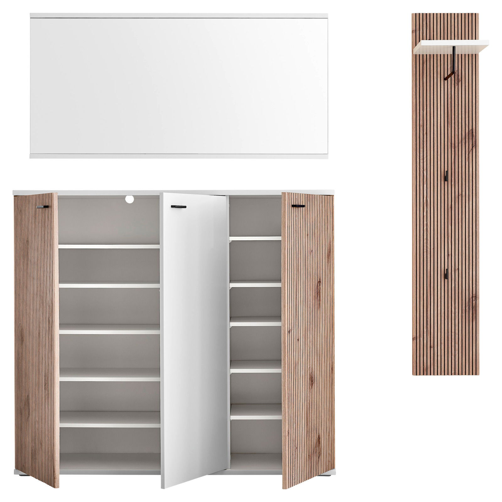 Garderoben-Set bestehend aus einem großen weißen Spiegel, einem geräumigen Schrank mit Holztüren und einem schmalen Wandpaneel mit Haken, frontal abgebildet.