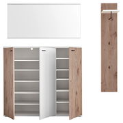 Garderoben-Set bestehend aus einem großen weißen Spiegel, einem geräumigen Schrank mit Holztüren und einem schmalen Wandpaneel mit Haken, frontal abgebildet.