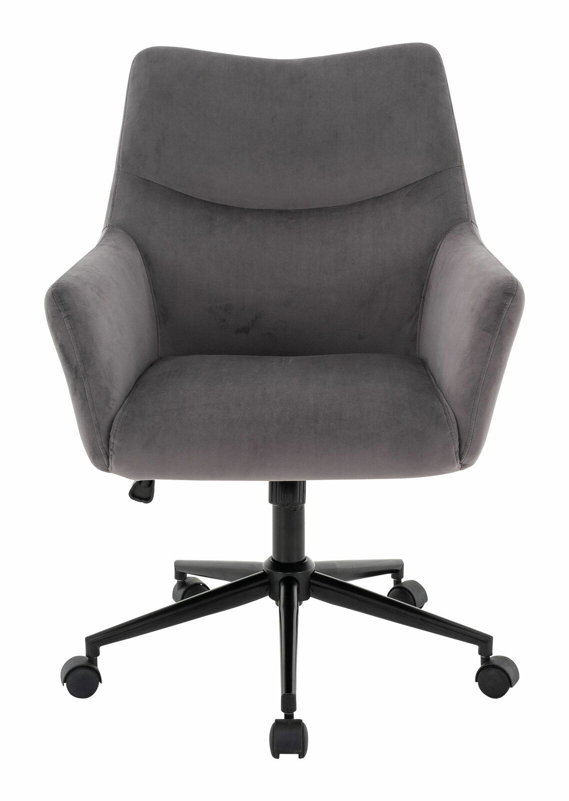 Grauer Drehstuhl mit Armlehnen und schwarzem Fußkreuz, Vorderansicht