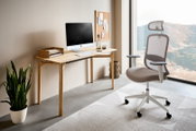 Moderner Schreibtisch aus Holz mit Computer, Pflanzen und Bürostuhl, seitliche Perspektive