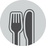 Grafische Darstellung von Kinderbesteck mit Gabel und Messer, Vorderansicht.