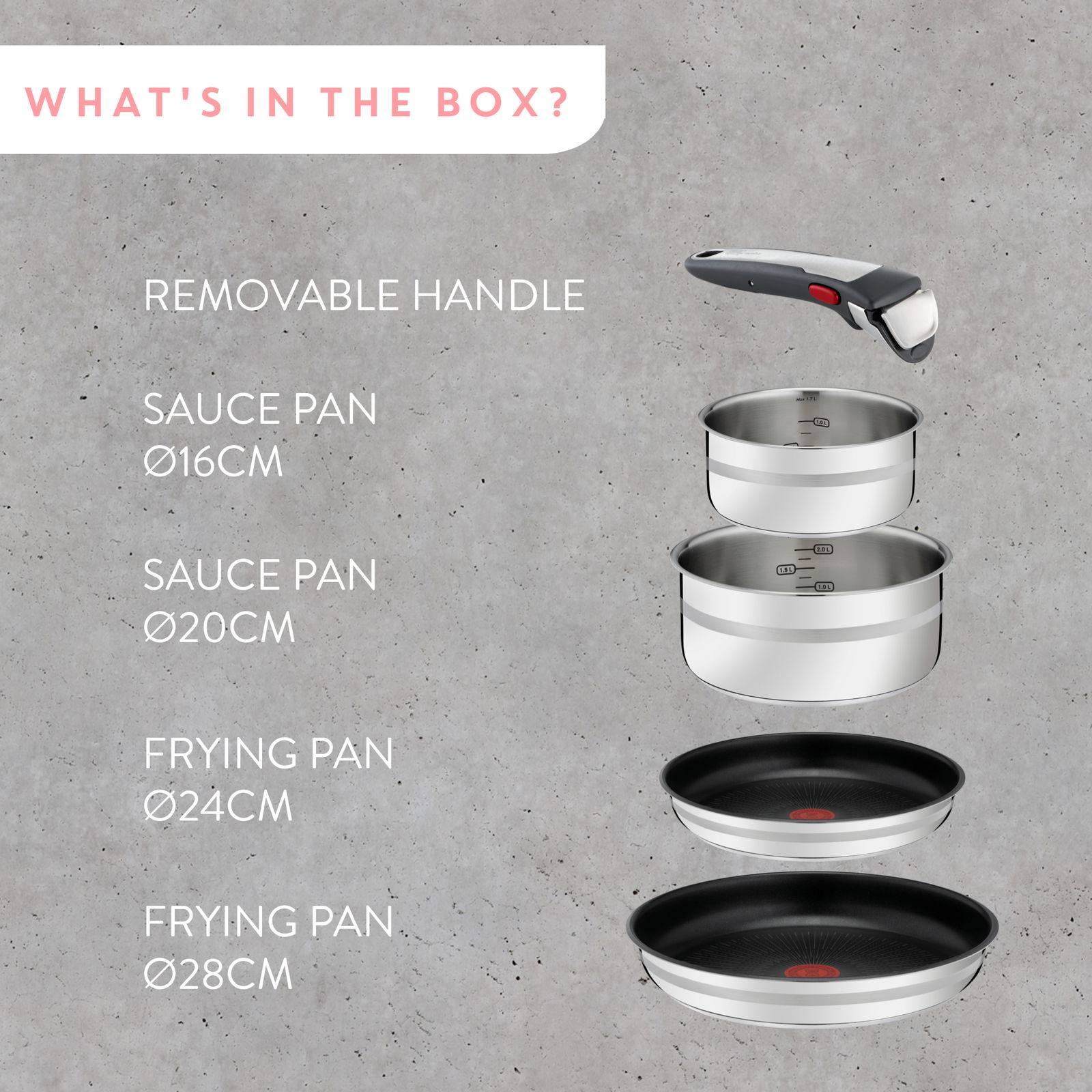 Topf-Set Ingenio G6, bestehend aus einem abnehmbaren Griff, zwei Kochtöpfen (Ø16cm und Ø20cm) und zwei Pfannen (Ø24cm und Ø28cm), seitliche Perspektive.