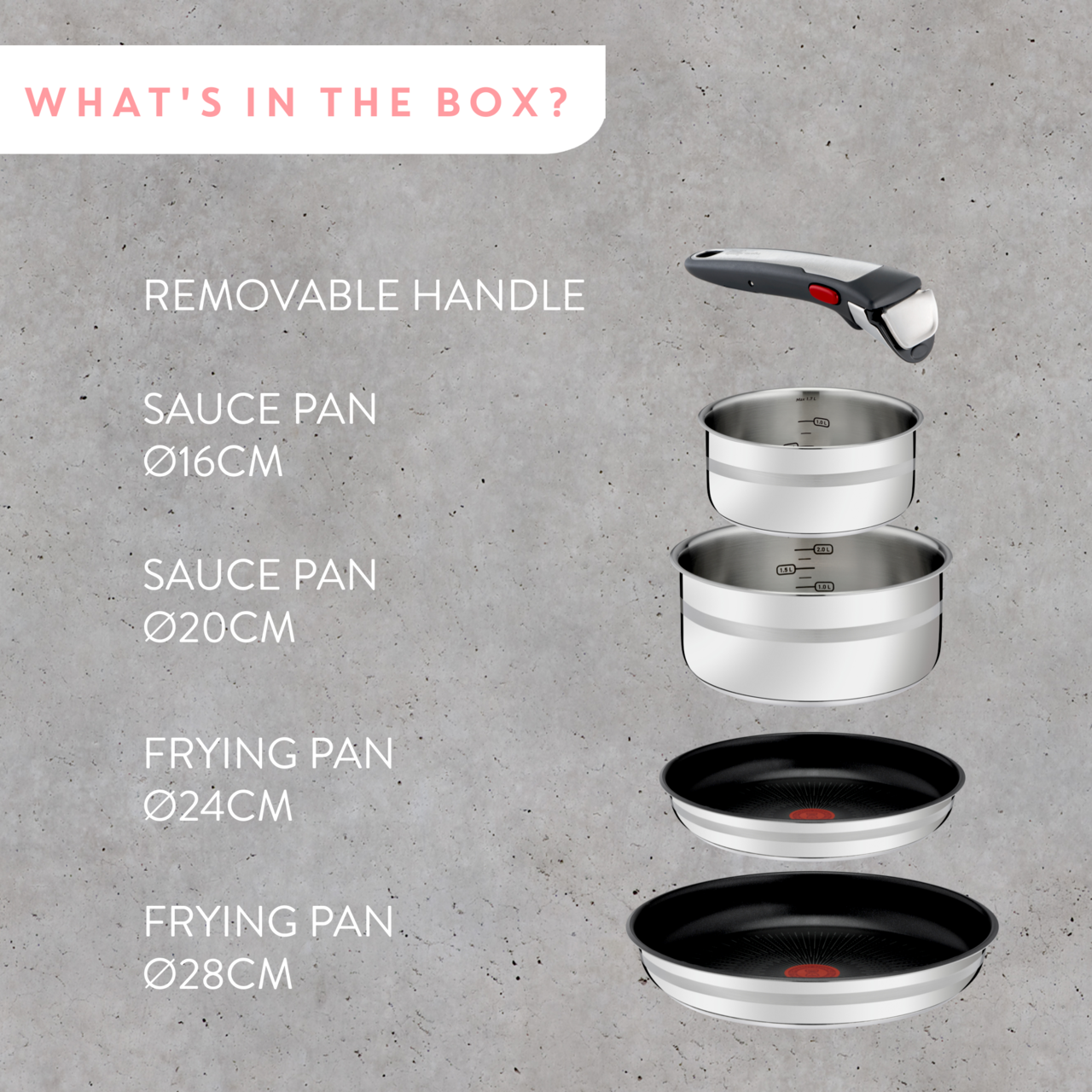 Topf-Set Ingenio G6, bestehend aus einem abnehmbaren Griff, zwei Kochtöpfen (Ø16cm und Ø20cm) und zwei Pfannen (Ø24cm und Ø28cm), seitliche Perspektive.