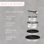 Topf-Set Ingenio G6, bestehend aus einem abnehmbaren Griff, zwei Kochtöpfen (Ø16cm und Ø20cm) und zwei Pfannen (Ø24cm und Ø28cm), seitliche Perspektive.
