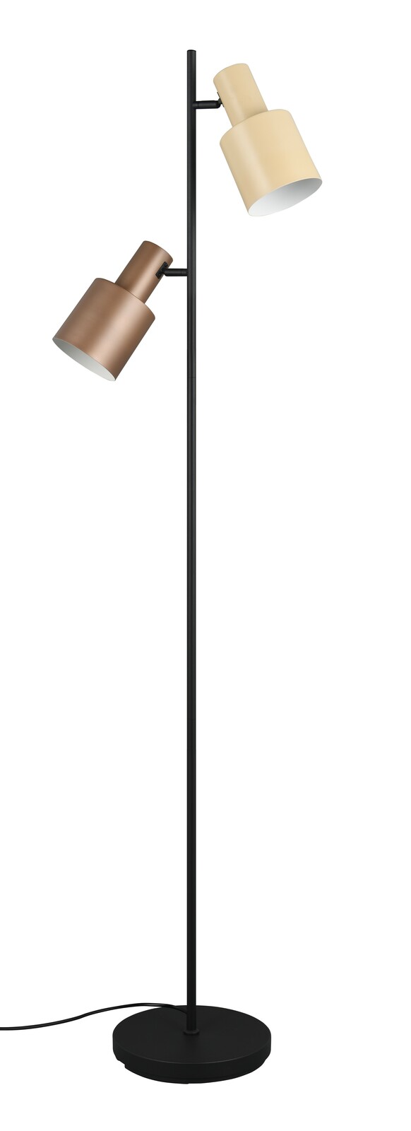 Stehleuchte Agudo mit zwei verstellbaren Lampenschirmen in Braun und Beige, seitliche Perspektive