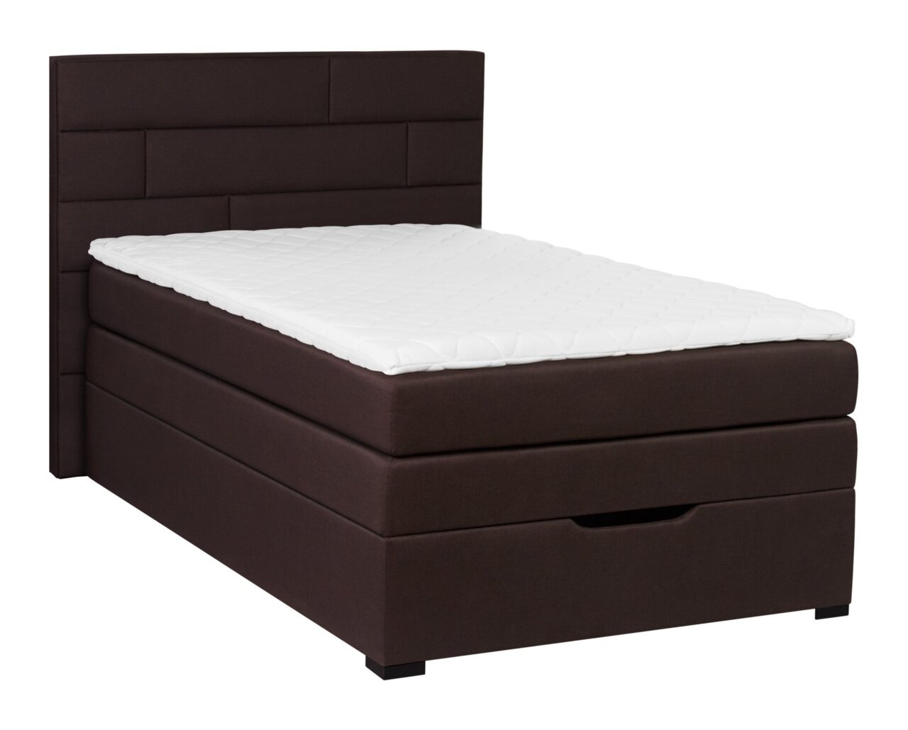 Boxspringbett in dunklem Braun mit weißem Topper, seitliche Perspektive