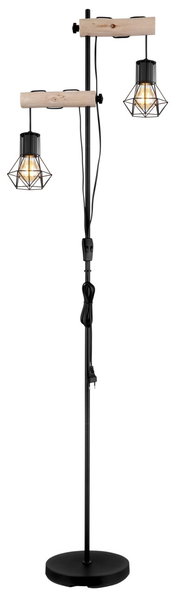 Moderne Stehleuchte mit zwei hängenden Lampen im industriellen Design, Holz- und Metallkombination, seitliche Perspektive