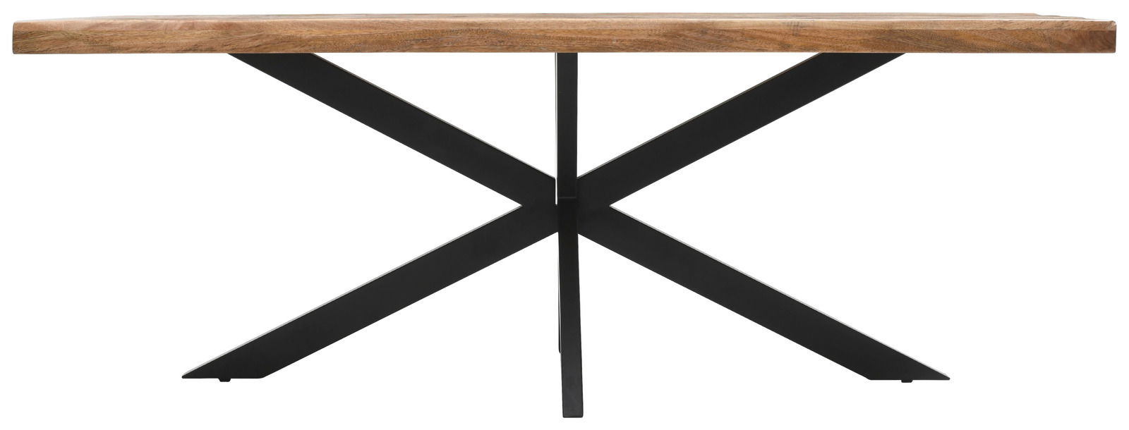 Moderner Esstisch mit Holzplatte und schwarzem Metallgestell, seitliche Perspektive