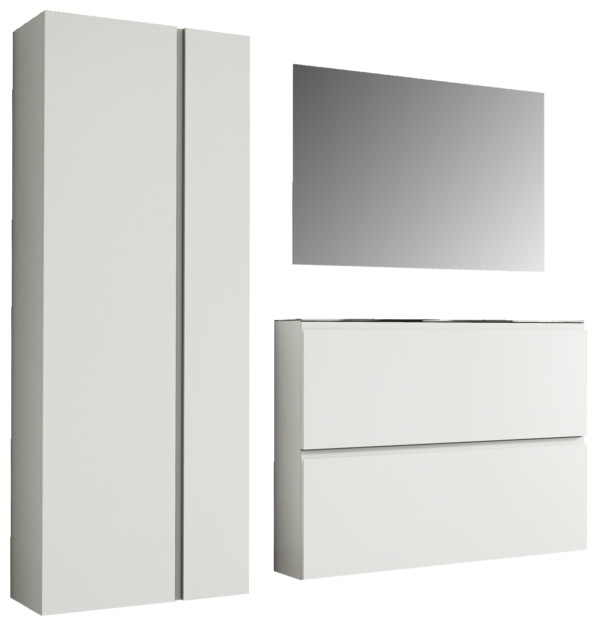 Moderano Garderobenset LECCO Garderobenset 180cm bestehend aus einem hohen Schrank, einem rechteckigen Spiegel und einer Kommode mit zwei Schubladen, frontal betrachtet.