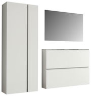 Garderobenset 180cm bestehend aus einem hohen Schrank, einem rechteckigen Spiegel und einer Kommode mit zwei Schubladen, frontal betrachtet.