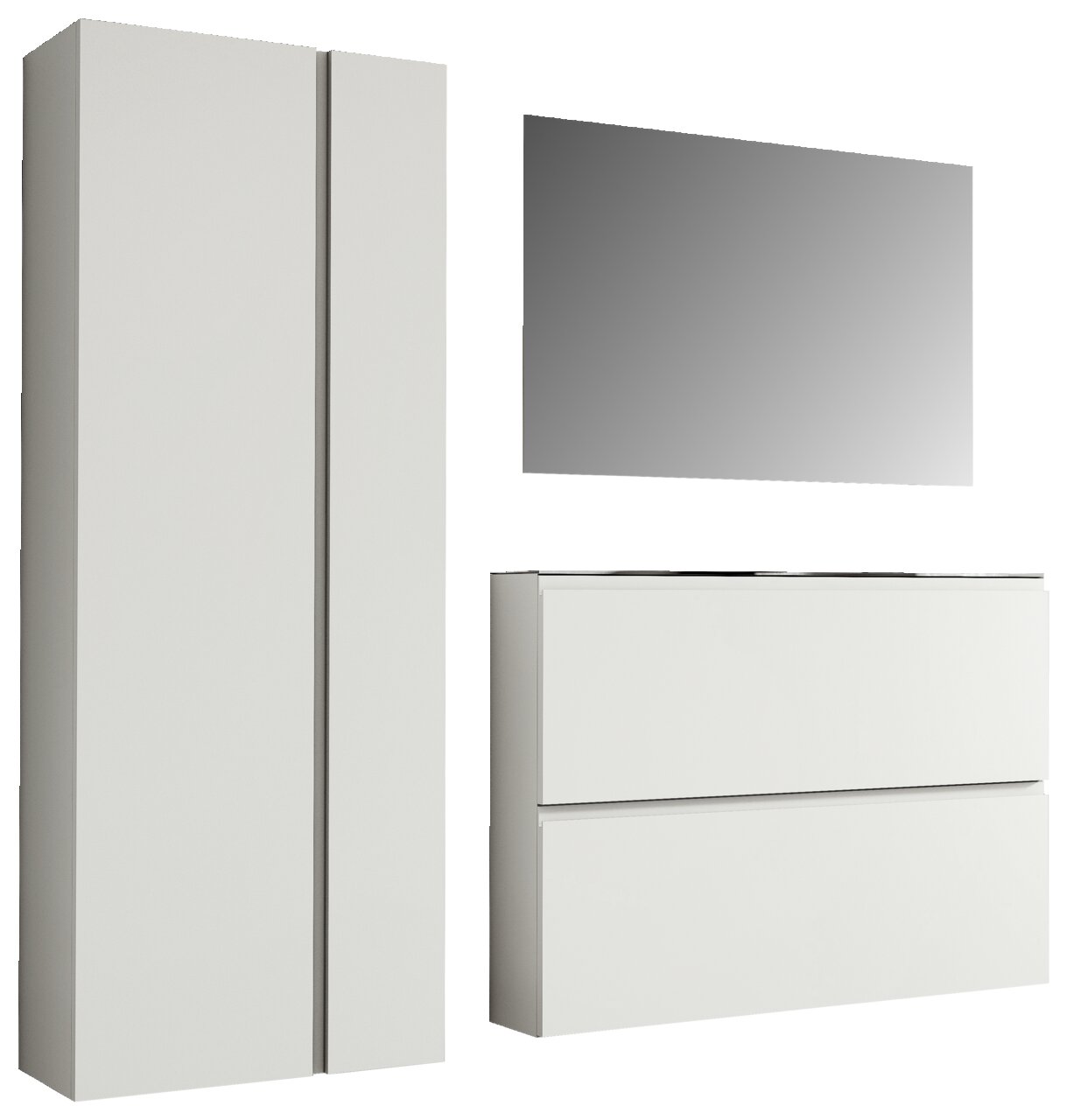 Moderano Garderobenset LECCO Garderobenset 180cm bestehend aus einem hohen Schrank, einem rechteckigen Spiegel und einer Kommode mit zwei Schubladen, frontal betrachtet.