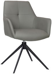 Grauer Armlehnstuhl mit modernem Design, aus seitlicher Perspektive fotografiert, auf schwarzem Metallgestell.