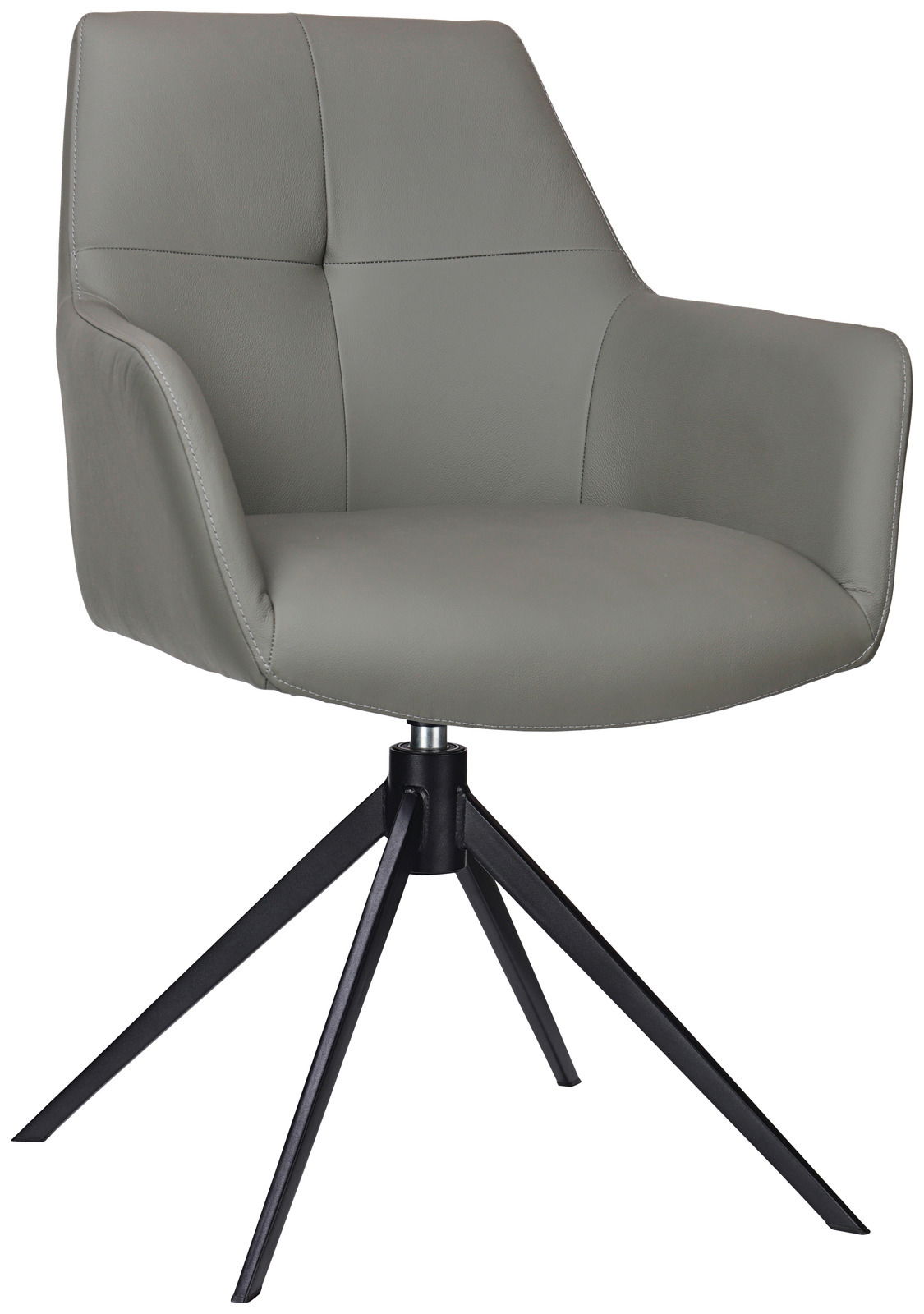 Grauer Armlehnstuhl mit modernem Design, aus seitlicher Perspektive fotografiert, auf schwarzem Metallgestell.