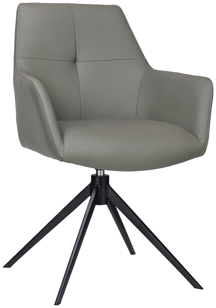 Novel Armlehnstuhl MEDUSA Grauer Armlehnstuhl mit modernem Design, aus seitlicher Perspektive fotografiert, auf schwarzem Metallgestell.