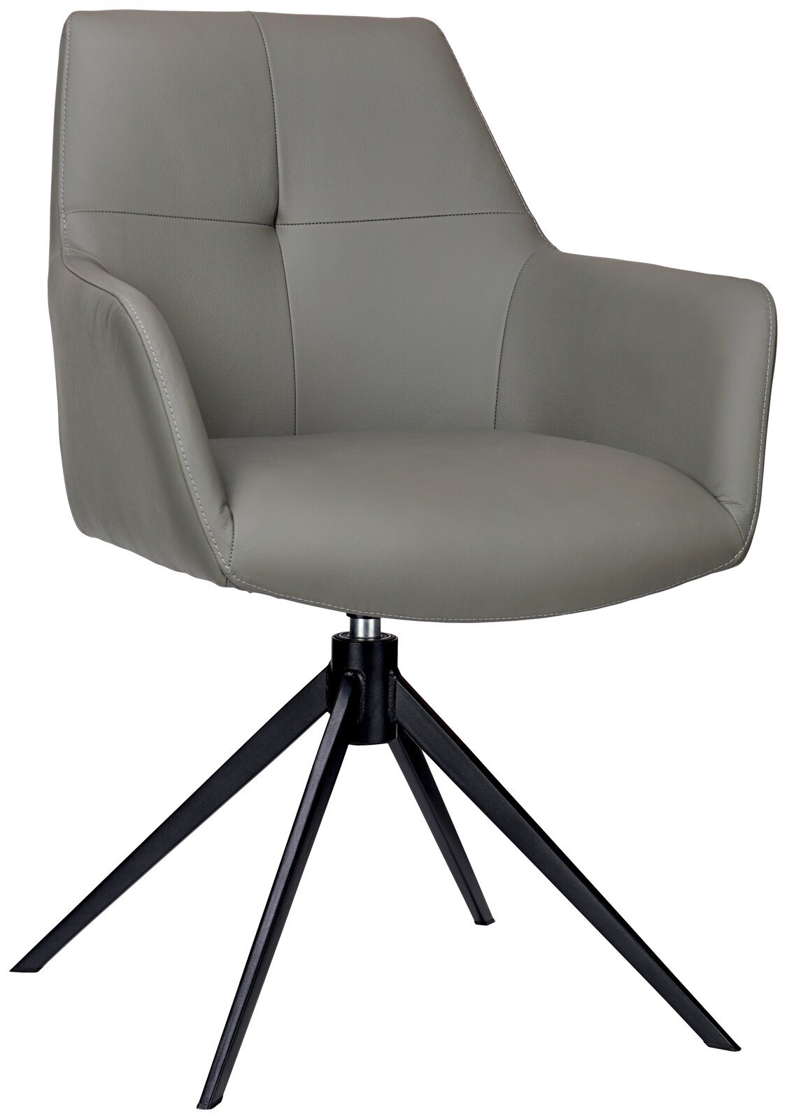 Grauer Armlehnstuhl mit modernem Design, aus seitlicher Perspektive fotografiert, auf schwarzem Metallgestell.