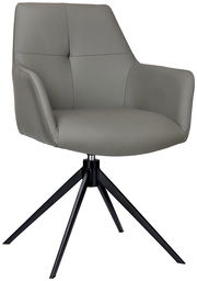 Grauer Armlehnstuhl mit modernem Design, aus seitlicher Perspektive fotografiert, auf schwarzem Metallgestell.