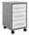 Moderner Rollcontainer mit drei Schubladen, grauem Korpus und weißen Fronten, auf Rollen, seitliche Perspektive.