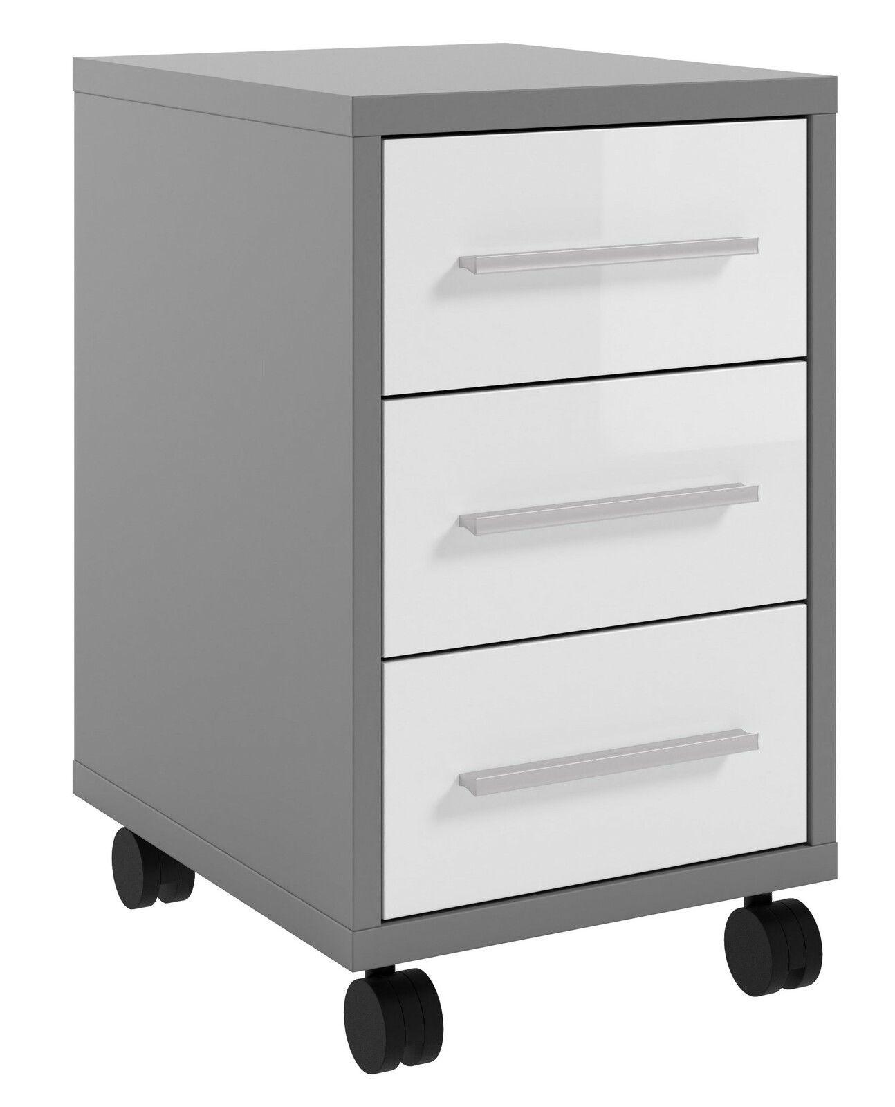 Moderner Rollcontainer mit drei Schubladen, grauem Korpus und weißen Fronten, auf Rollen, seitliche Perspektive.