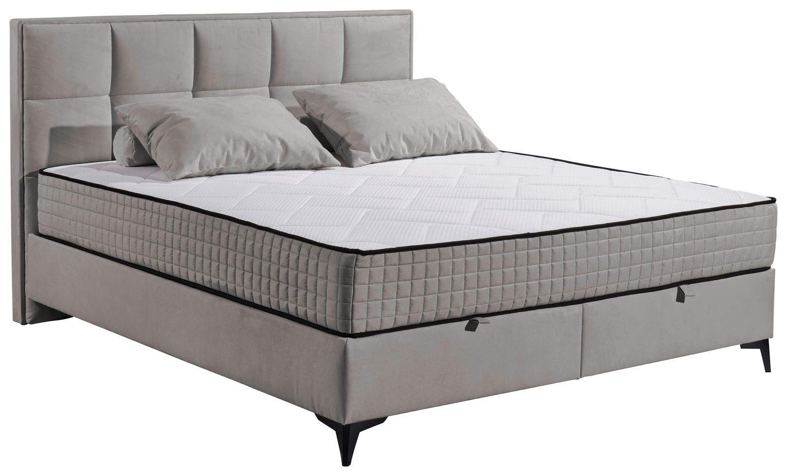 Graues Boxbett mit gestepptem Kopfteil und zwei Kissen, seitliche Perspektive