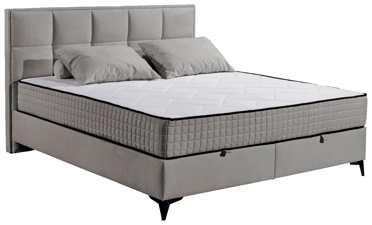 Graues Boxbett mit gestepptem Kopfteil und zwei Kissen, seitliche Perspektive
