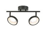 Moderner LED-Strahler mit zwei verstellbaren Leuchten, schwarze Metallkonstruktion, Ansicht von vorne.