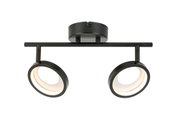 Moderne led-spot met twee verstelbare lampen, zwarte metalen behuizing, vooraanzicht.
