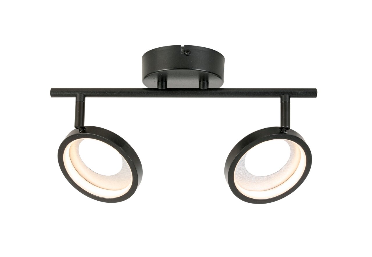 Moderne led-spot met twee verstelbare lampen, zwarte metalen behuizing, vooraanzicht.