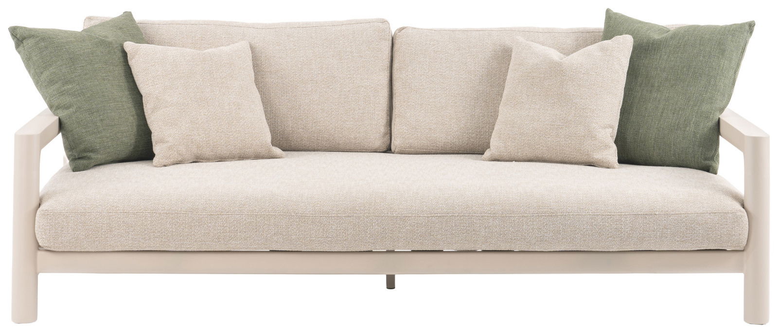 Frontansicht eines beigen 3-Sitzer Loungesofas mit grünen und beigen Kissen.