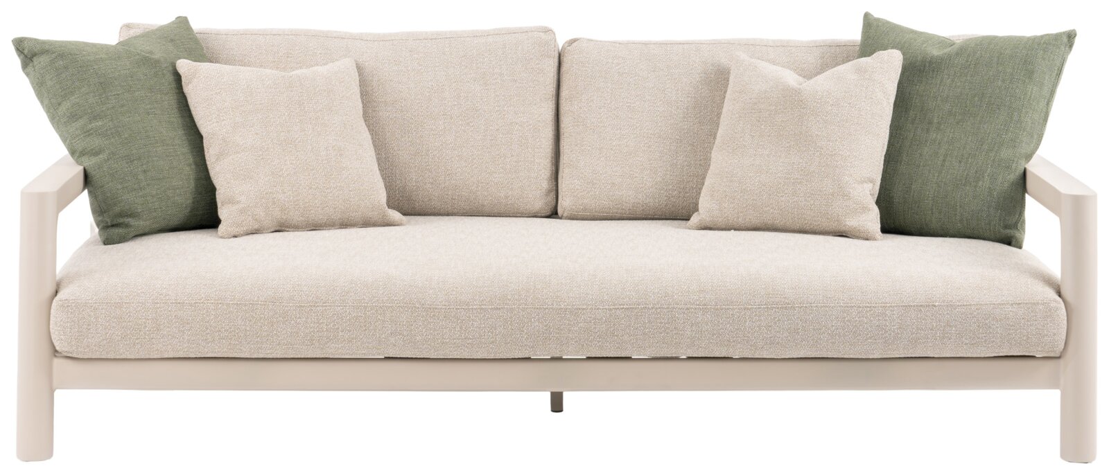 Vooraanzicht van een beige driezits loungebank met groene en beige kussens.