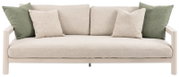 Vooraanzicht van een beige driezits loungebank met groene en beige kussens.