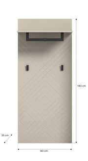 Garderobenpaneel in Frontalansicht mit geometrischem Muster, zwei Haken und einer Ablage oben, Maße 140 cm hoch, 60 cm breit, 35 cm tief.