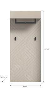 Garderobenpaneel in Frontalansicht mit geometrischem Muster, zwei Haken und einer Ablage oben, Maße 140 cm hoch, 60 cm breit, 35 cm tief.