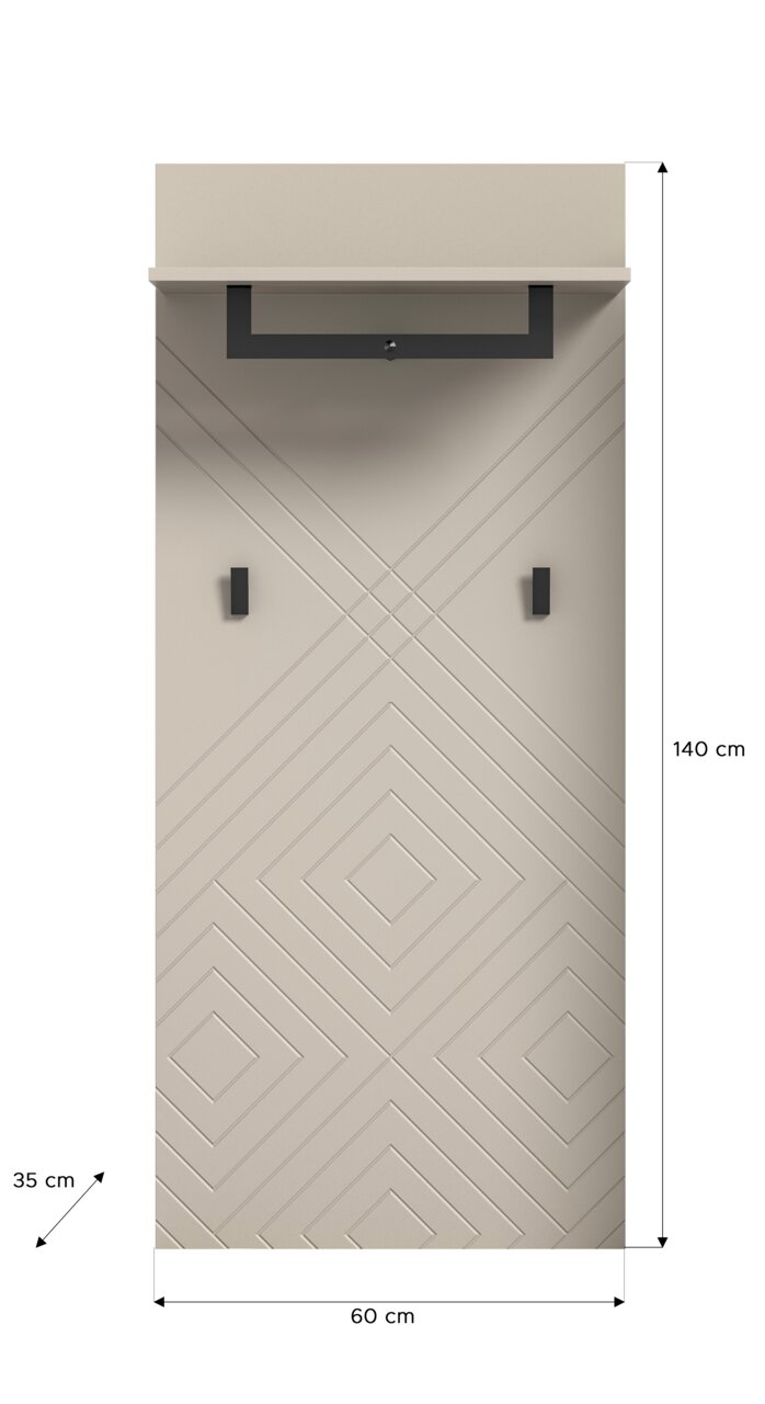 Garderobenpaneel in Frontalansicht mit geometrischem Muster, zwei Haken und einer Ablage oben, Maße 140 cm hoch, 60 cm breit, 35 cm tief.