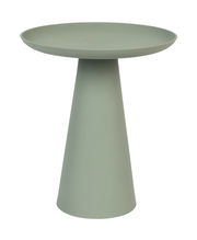 Moderner, grüner Beistelltisch mit konischer Basis und runder Tischplatte, seitliche Perspektive