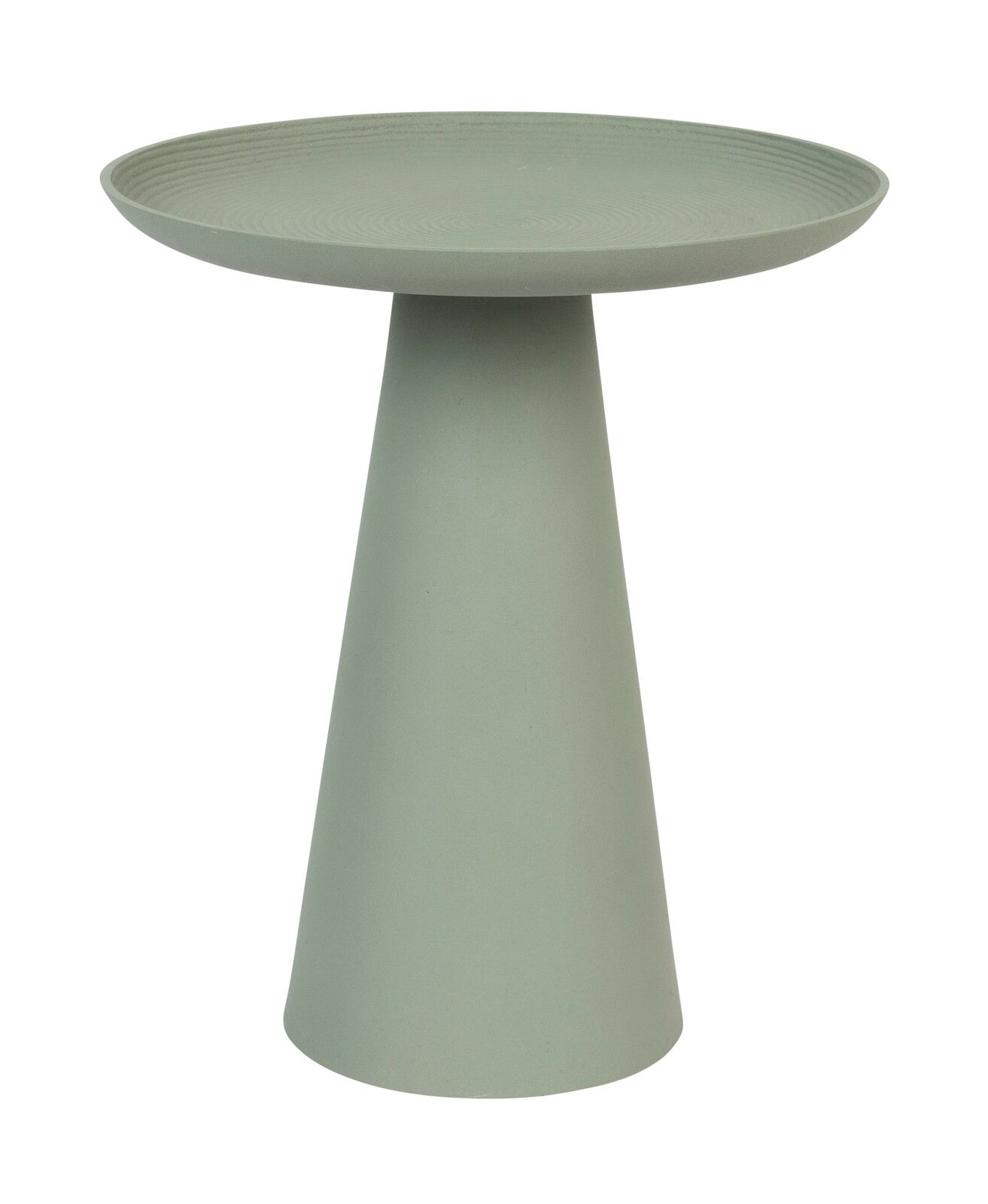 Moderner, grüner Beistelltisch mit konischer Basis und runder Tischplatte, seitliche Perspektive