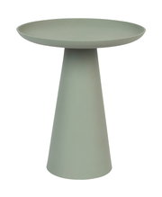 Moderner, grüner Beistelltisch mit konischer Basis und runder Tischplatte, seitliche Perspektive